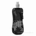 Map design black collapsible water bottle, reusable, attachable, eco-friendly, standable, foldable